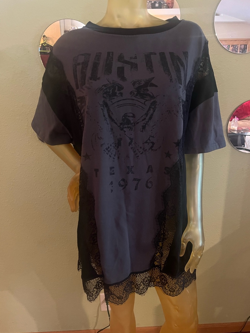 BlueVelvet Vintage-Inspired Graphic Lace Trim T-Shirt Dress.